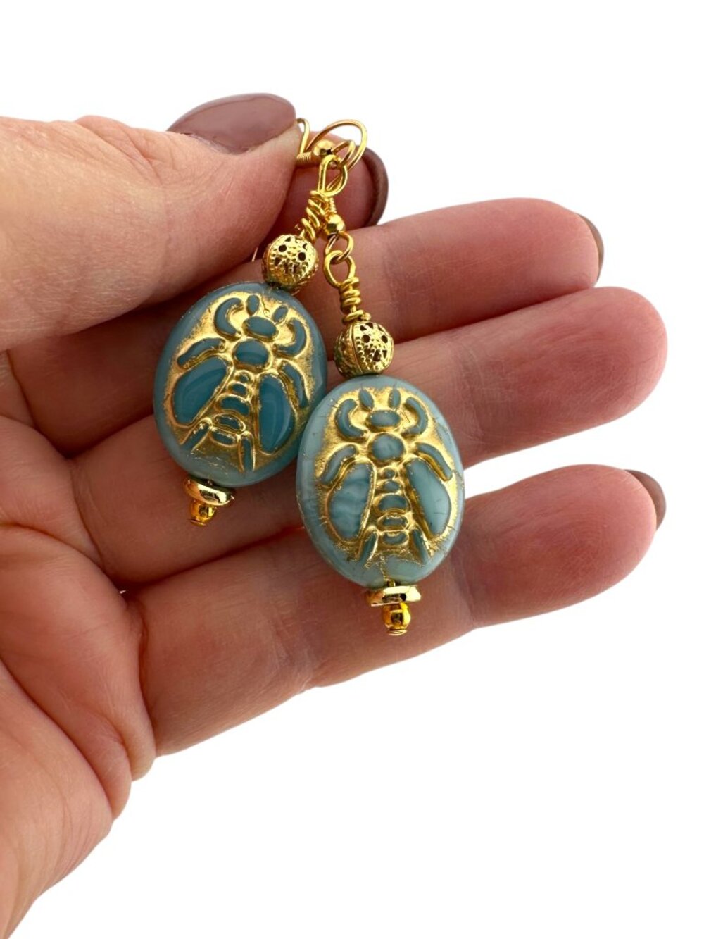 Czech Glass Bee Earrings Sky Blue Gold Dangle Cottagecore Boho Handmade - Picture 5 of 11